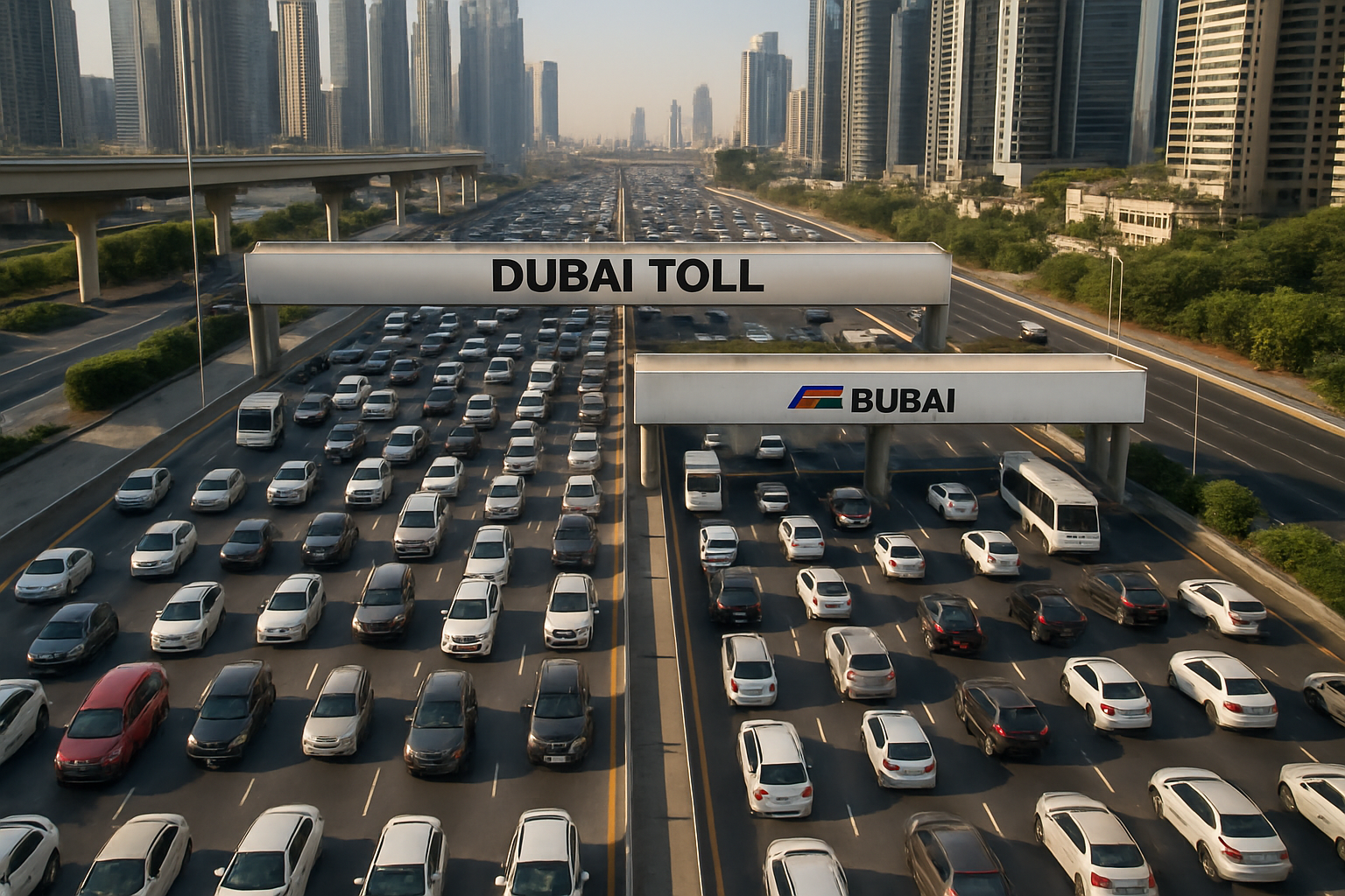 Aerial view of a busy Dubai toll road during peak hours