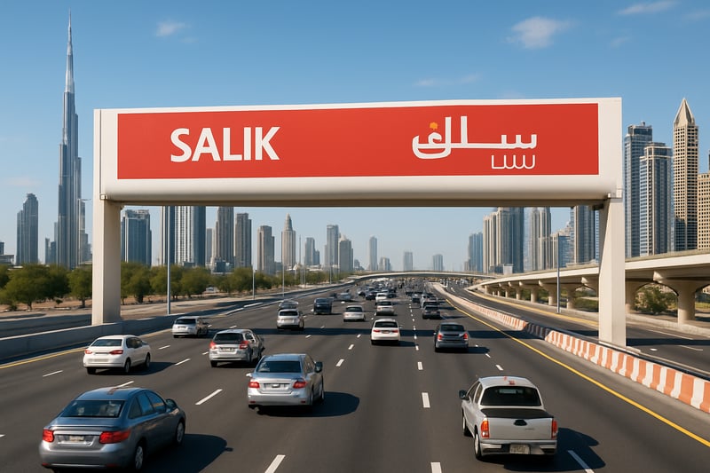 Dubai toll road with Salik gate and city skyline
