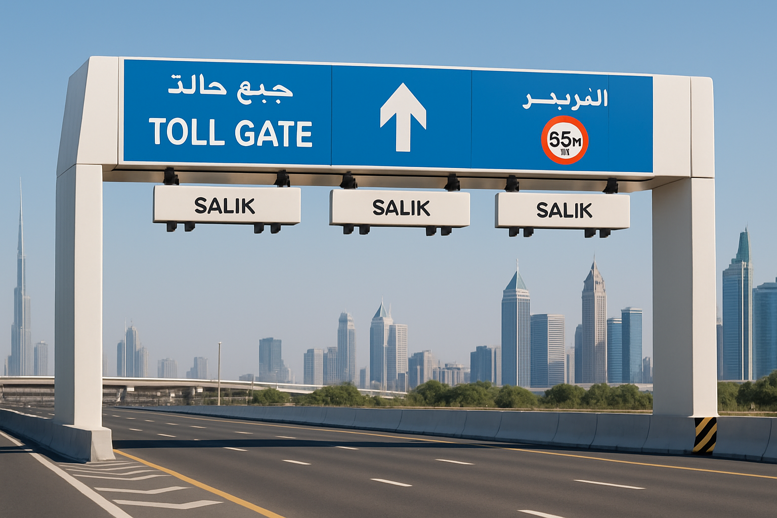 Modern toll gate on a Dubai highway with clear signage
